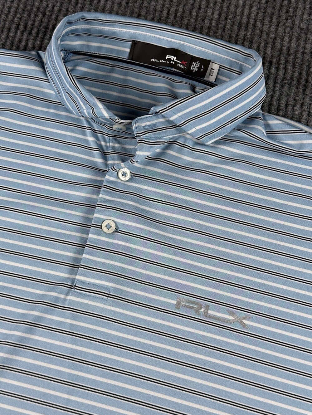 Ralph Lauren RLX Performance Golf Polo Mens L Short Sleeve Light Blue Striped